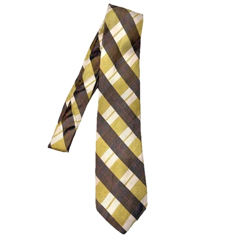 The Tie Bar Mens‎ Silk Plaid Necktie Olive Green Cream Navy Blue Hand Made Tie